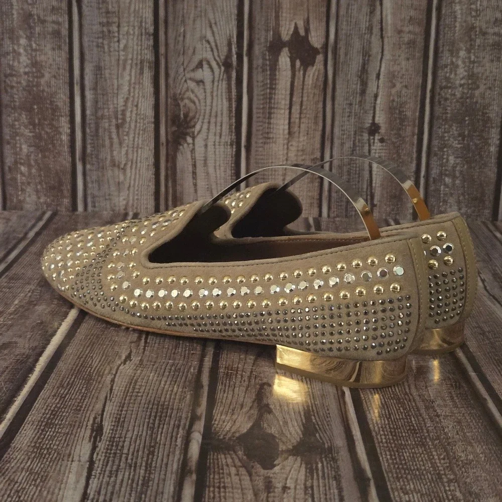Sz 6 M Donald‎ J Pliner Henley Studded Suede Loafers Tan Gold Silver Shoes VGUC